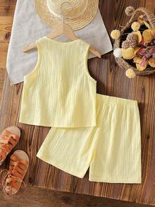 SHEIN Vintaside Kids 2件套女童无袖条纹编织背心，带蝴蝶结装饰，搭配松紧腰宽松短裤，夏季套装，适合母亲节和儿童节。 - 黃色 - 查看 2