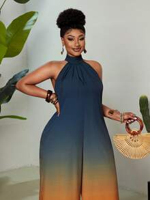 Maweii Plus Size Gradient Print Halter Jumpsuit, Casual Summer - Multicolor - View 3