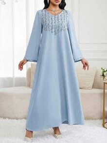 Al Najma 女士花卉3D刺绣阿拉伯风格荷叶边长袖连衣裙，优雅适合正式场合和聚会 - 藍色 - 查看 3
