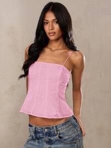 SHEIN BAE Áo hai dây croptop màu trắng, chất liệu pha lanh, thêu hoa 3D, thích hợp cho mùa hè, đi biển, kỳ nghỉ ở miền Nam nước Pháp, Ibiza, Ý. - Màu Hồng baby - Xem 5