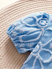 2件套女童休闲优雅白色提花珍珠纽扣开衫和百褶裙套装，适合派对和假日场合，夏季 - 藍色 - 查看 7