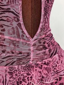 Amplova Women's Sexy Animal Print Ruffle Hem Backless Halter Jumpsuit, Summer - Pink - View 8