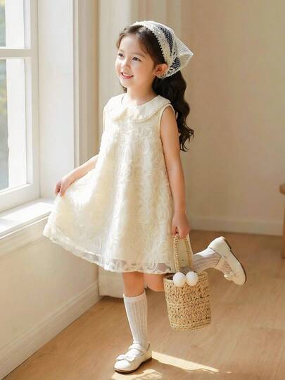 Toddler Girls' Elegant Cute Pearl Collar 3D Floral Embroidery Mesh Sleeveless A-Line Casual Dress, Suitable For Holiday Party, Birthday Gift, Vacation, Spring/Summer Dresses Cocktail Dress For Kids Young Girls Dresses Little Bride Gown For Kids Vintage Dress For Kids