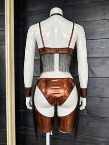 Fantasy Costume Fantasy Costume 5件套金属涂层面料不对称流苏牛仔女郎服装套装，时尚角色扮演服装 - 棕色 - 查看 2