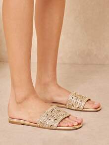 SHUZIA Sandal đế bằng bằng da giả đan móc thoải mái, kiểu dáng thường ngày dành cho nữ. - Vàng - Xem 5