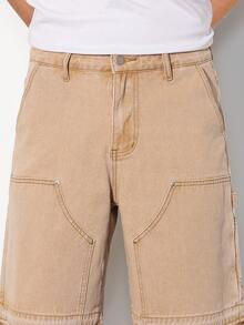 Chillumni 男士夏季新款卡其色时尚工装流苏牛仔短裤，水洗休闲牛仔短裤 - 卡其色 - 查看 5