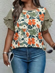 Weeklong Camisa casual de vacaciones con mangas de pétalos, estampada y con bloques de color para mujer talla grande, primavera/verano - Multicolor - Ver 5