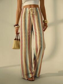 SHEIN Tall 女士度假风抽绳腰带印花宽松阔腿休闲裤，秋季款 - 彩色 - 查看 6