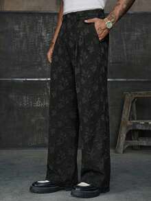 AXEPEAK Men's Casual Floral Jacquard Loose Flare Pants - Black - View 9