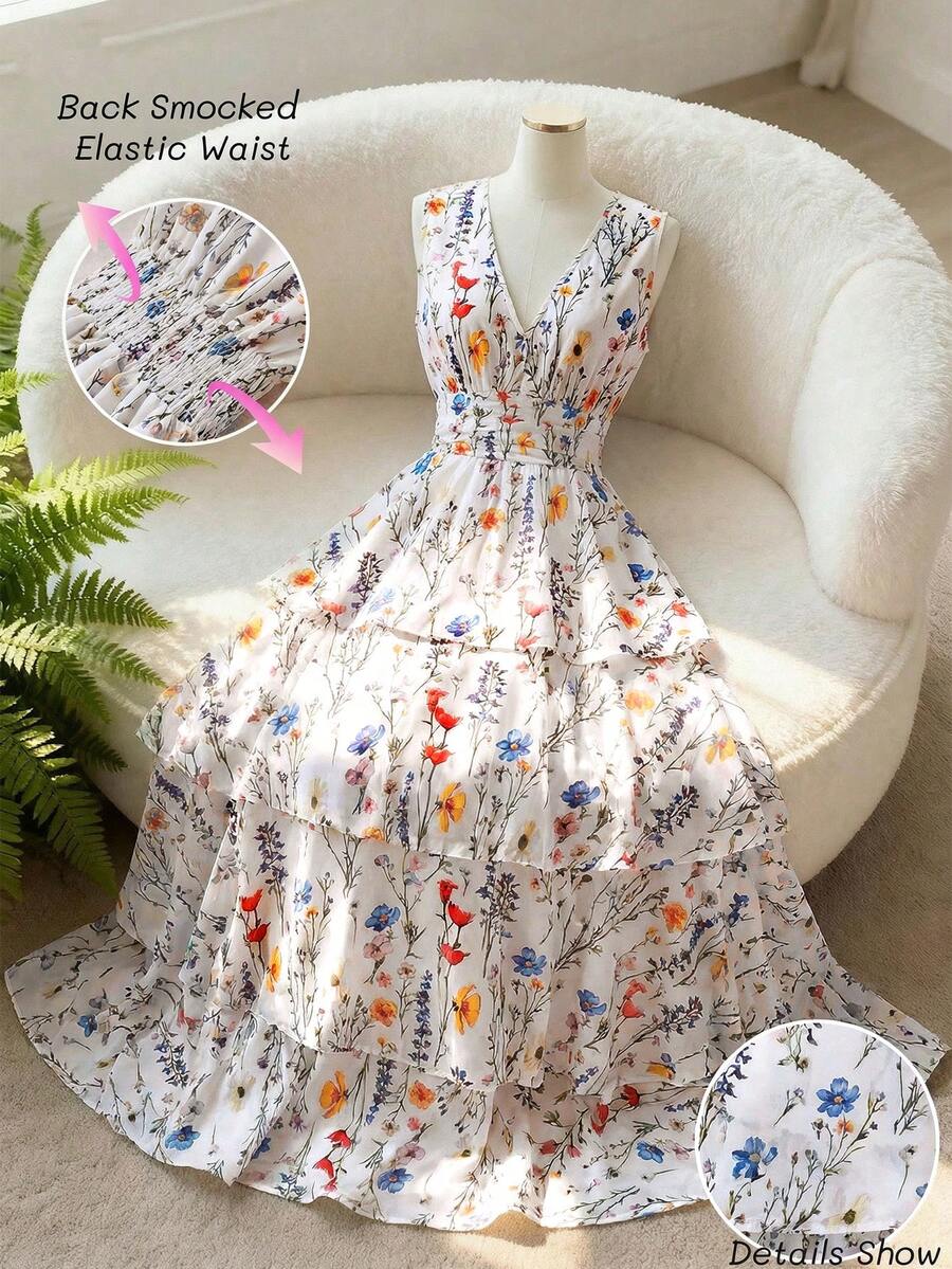 SHEIN Clasi 女士时尚V领全印花无袖多层连衣裙 - 彩色 - 查看 1