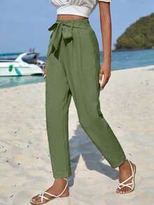 EURMUSE Solid Tie Front Trousers - Mint Green - View 2