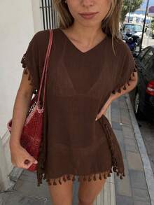 EMERY ROSE 女士度假海滩侧开衩流苏罩衫 - 棕色 - 查看 2