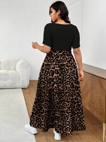 SHEIN Frenchy Casual Sexy Retro Leopard Print Bow Tie Waist Flared A-Line Plus Size Dress, Suitable For Spring/Summer Holiday Gatherings Vacation Black - Multicolor - View 3