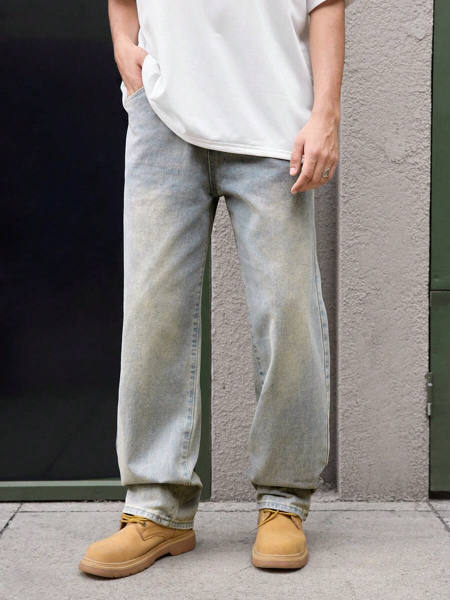 Open Phase Quần jeans nam thời trang đường phố dáng rộng màu xanh sâm panh, phong cách retro Mỹ, unisex, kiểu dáng thoải mái, phù hợp cho trang phục mùa hè – Thích hợp cho mặc hàng ngày và kỳ nghỉ hè. - Rượu sâm banh - Xem 1