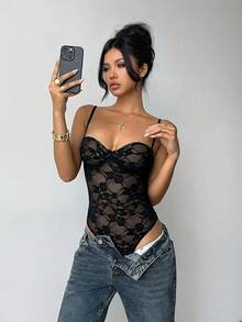 Aloruh Women's Sexy Sheer Lace Bodysuit For Summer - Black - View 6