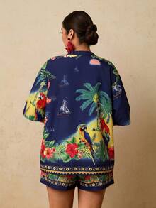 Travachic Bộ đồ 2 món cỡ lớn gồm áo và quần short in họa tiết nhiệt đới, thích hợp cho kỳ nghỉ và đi biển. - Màu xanh hải quân - Xem 2