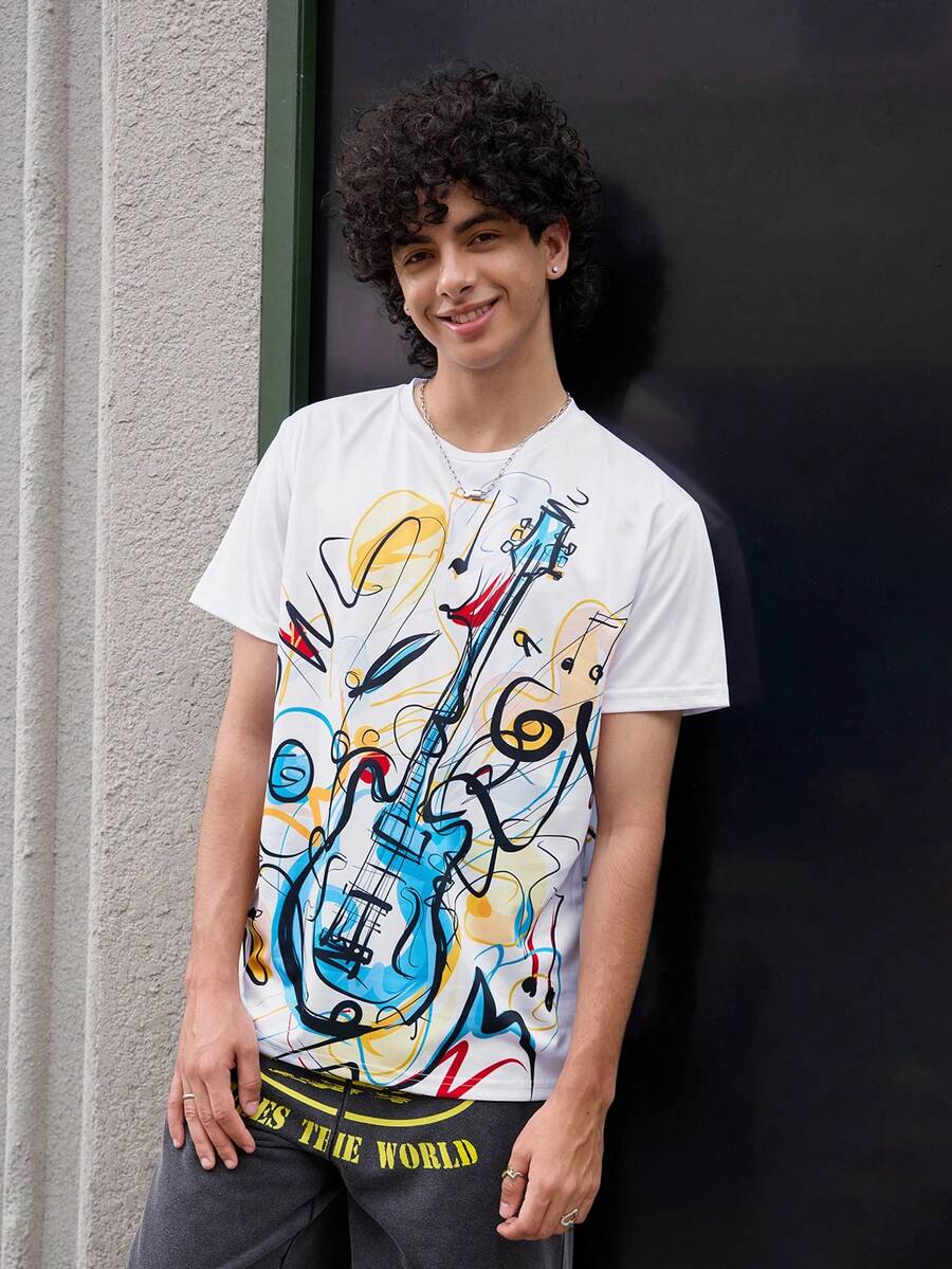 Open Phase Áo thun nam in hình đàn guitar thời trang, thoải mái, áo thun họa tiết mùa hè, phong cách retro Mỹ, unisex, dáng rộng thoải mái – Thích hợp cho mặc hàng ngày và trang phục đi nghỉ hè. - Nhiều màu - Xem 1