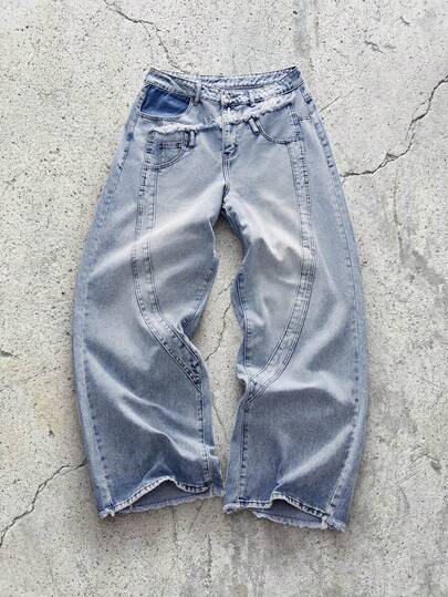 EVRINFINITE Jeans minimalistas desgastados de color claro con dobladillo crudo para hombres