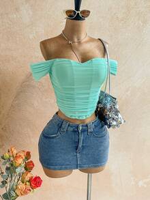 Soleia Áo nữ kiểu dáng thường ngày, màu trơn, hở vai, thắt dây chéo phía sau, xếp ly, thích hợp cho kỳ nghỉ. - Màu xanh nhạt - Xem 5
