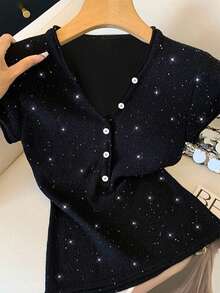 GlowEve 女士休闲亮片短袖T恤，夏季 - 黑色 - 查看 4