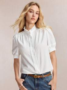 BizChic White Round Neck Short Sleeve Shirt, Business Formal, Vacation Style, Slouchy, Commute, Date, Daily, Vacation, Office, Independence Day, Graduation Season, Music Festival, Slimming, Elegant, Versatile, Summer, Party, Wedding Guest, Outing, Beach, Gathering, Social, Holiday, Shopping, Afternoon Tea, Travel, Minimalist - White - View 8