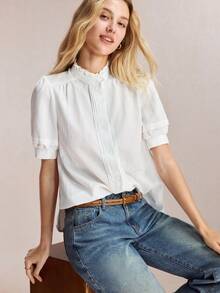 BizChic White Round Neck Short Sleeve Shirt, Business Formal, Vacation Style, Slouchy, Commute, Date, Daily, Vacation, Office, Independence Day, Graduation Season, Music Festival, Slimming, Elegant, Versatile, Summer, Party, Wedding Guest, Outing, Beach, Gathering, Social, Holiday, Shopping, Afternoon Tea, Travel, Minimalist - White - View 2