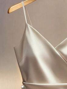 Franclia Fashionable Crossover V-Neck Champagne Gold Bodysuit,Sleeveless Ruffle Trim Button Decor Satin Blouse,Seductive Summer Night Out Metallic Top - Apricot - View 3