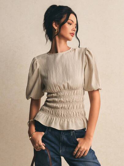 Poéselle 女士纯色圆领褶皱休闲百搭日常穿搭花瓣袖上衣