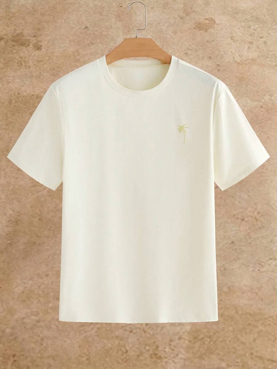 HIMLAND 男士轻薄夏季沙滩度假针织休闲椰树印花圆领短袖卡其色T恤，适合父亲节、母亲节、节假日穿着 - 卡其色 - 查看 1