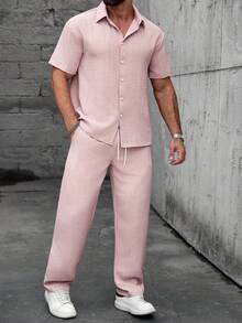 Manfinity CasualCool Men's Mature Casual Embossed Fabric Short Sleeve Shirt And Pants Set Men Outfits 2 Piece Pink Men Outfit Man Clothes Outfit Set Men Coords Outfit Linen Two Piece Set For Men Old Money,Daily Leisure, Weekend Trips, Outdoor Activities, Travel Expeditions, Relaxed Work Environments Or Semi-Formal Occasions, Boyfriend/Husband Gift, Anniversary /Birthday Gift Party Summer Vacation Holiday,Wedding,Spring To Summer,Easter,Y2k,Vintage,Hawaii - Dusty Pink - View 5