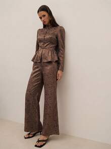Nöista Setelan Dua Potong Brokat Elegan, Semua Nuansa Cokelat, Musim Gugur, Pesta Teh, Atasan Peplum Lengan Panjang Kancing Cina & Celana Panjang untuk Tampilan Musim Semi/Panas Liburan yang Meriah - Coklat - View 9