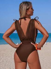 Swim Lushoire Women's Solid Color Casual Vacation One-Piece Swimsuit - Coffee Brown - View 2