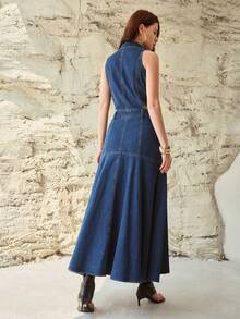 MOTF PREMIUM 女士翻领无袖长款牛仔连衣裙，春夏款 - 藍色 - 查看 3