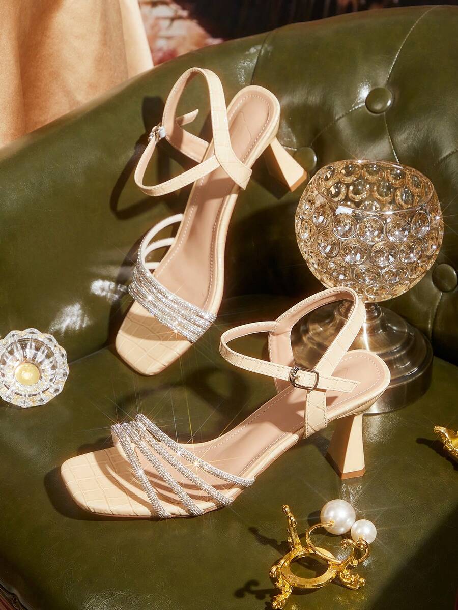 CUCCOO TILAWA Sandal Hak Tinggi Elegan Wanita dengan Ujung Persegi dan Hiasan Berlian Imitasi, Bahan PU Motif Batu Aprikot Gelap, Sepatu Musim Semi, Liburan Musim Semi, Paskah, Sepatu Makan Malam, Natal, Sepatu Hak Tinggi Musim Panas untuk Hari Valentine - Aprikot gelap - View 1