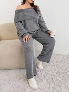 Plus Size Solid Foldover Off Shoulder Sweater & Knit Pants Set - Light Grey - View 4