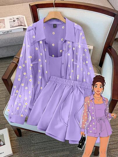 GlowEve CURVE 3 件套大码女式镂空刺绣透明衬衫、吊带背心和短裤，优雅休闲，适合夏季