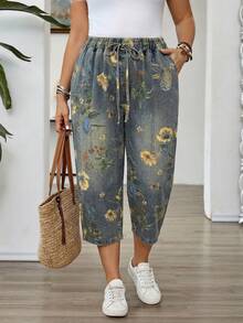 EMERY ROSE Quần lửng denim nữ cỡ lớn in họa tiết hoa, có dây rút ở eo và túi. - Nhiều màu - Xem 1