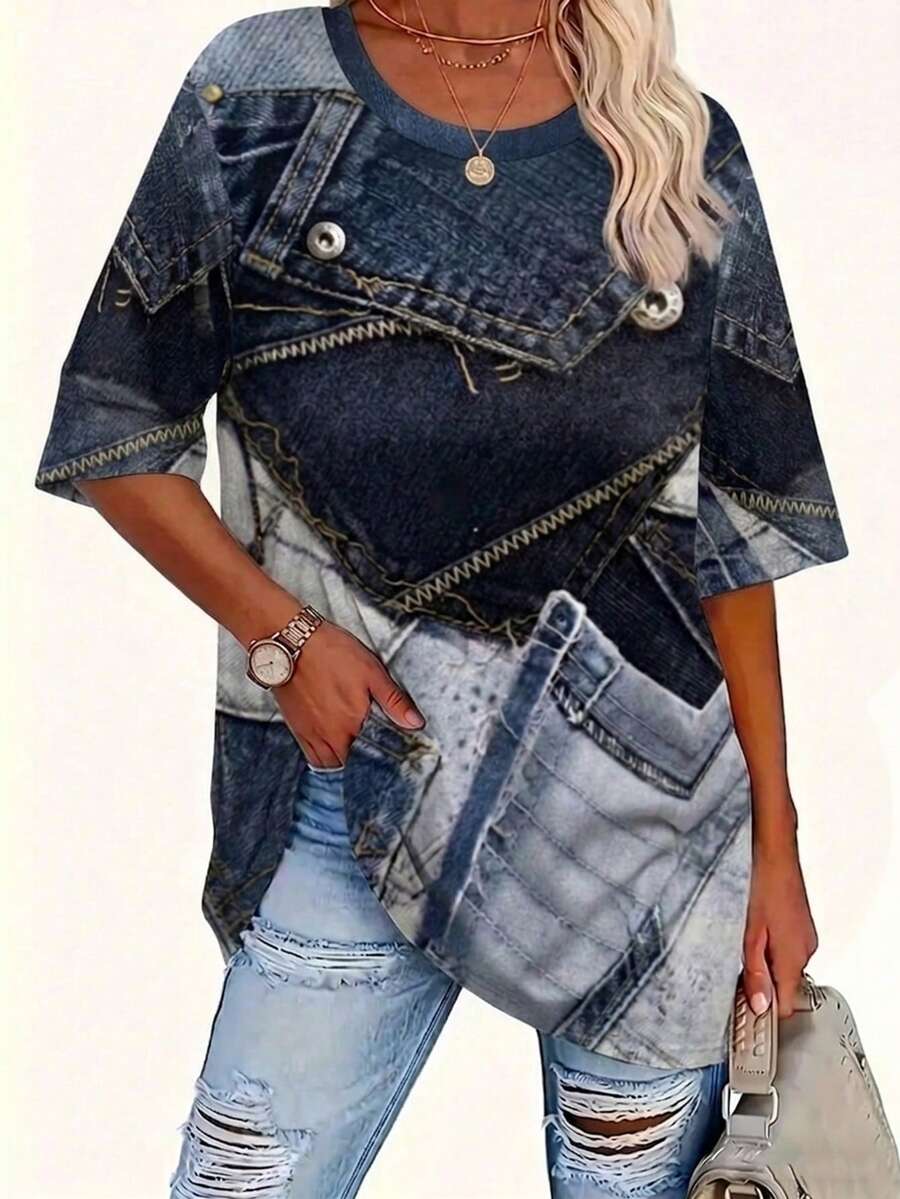 EMERY ROSE Camiseta casual de manga corta con cuello redondo y estampado de patchwork a cuadros, talla grande, primavera - Multicolor - Ver 1