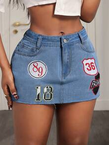 BamGleam 女士字母刺绣口袋休闲时尚牛仔裙 - 深色水洗藍 - 查看 3