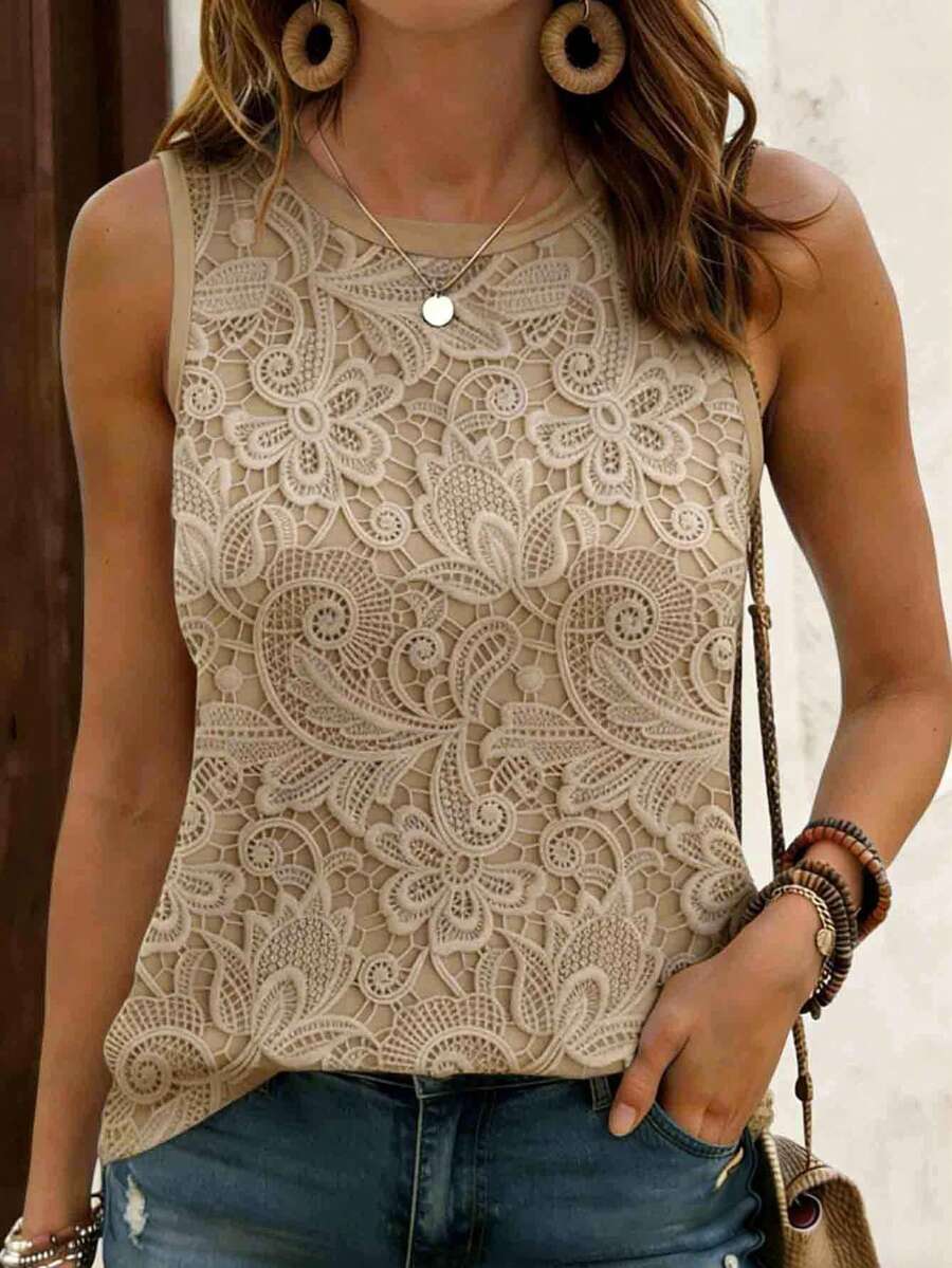 Women's Floral Print Round Neck Casual Tank Top, Comfortable Daily Wear Shirt For Summer - Multicolor - View 1