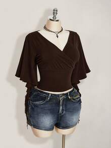 SHEIN ICON Plus Size Women V-Neck Flare Sleeve Ruched T-Shirt - Brown - View 7