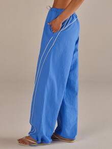 Athîral Women's Casual Sports Contrast Binding Drawstring Pants - Blue - View 1