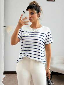 Vionelle Plus Size Round Neck Striped Short Sleeve T-Shirt Graphic Tees Women Tops - Blue - View 5
