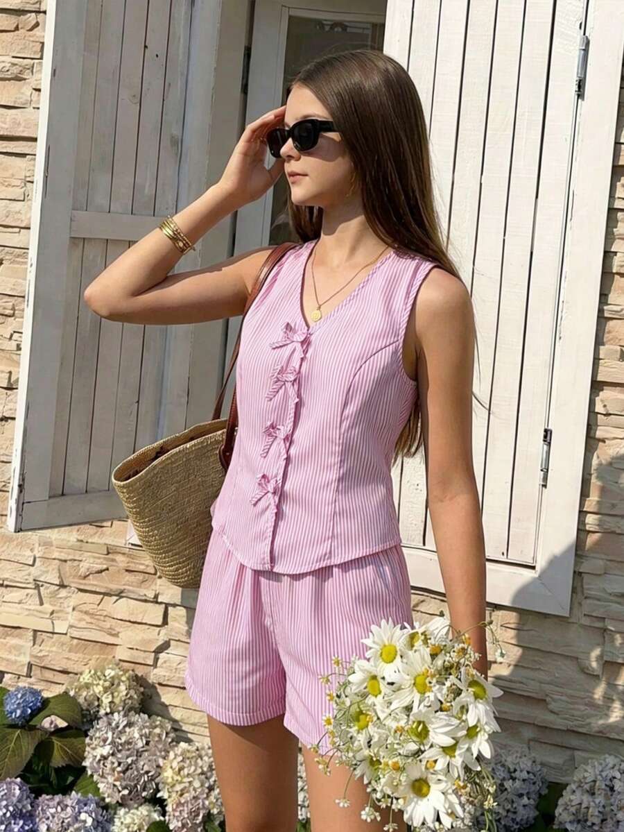 SHEIN 少女温柔甜美粉色衬衫套装,配色协调,设计舒适,适合校园、通勤、学习和日常穿着,春季必备 - 粉色 - 查看 1