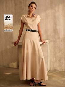 MOTF PREMIUM WOMEN'S STRIPED CASUAL SHIRT WITH WAIST BELT AND A-LINE SKIRT 2 PIECES SET, SPRING/SUMMER - Khaki - View 1