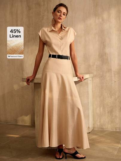 MOTF PREMIUM WOMEN'S STRIPED CASUAL SHIRT WITH WAIST BELT AND A-LINE SKIRT 2 PIECES SET, SPRING/SUMMER