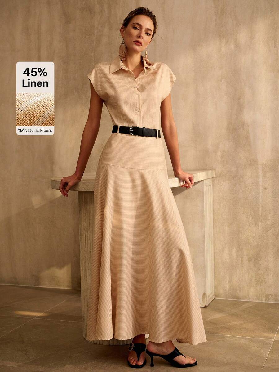 MOTF PREMIUM WOMEN'S STRIPED CASUAL SHIRT WITH WAIST BELT AND A-LINE SKIRT 2 PIECES SET, SPRING/SUMMER - Khaki - View 1