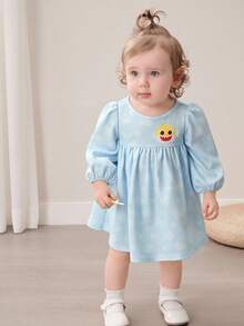 BABY SHARK X SHEIN Đầm tay phồng in hình cá mập dễ thương, kiểu dáng thường ngày cho bé gái mùa xuân. - Màu xanh lam - Xem 5
