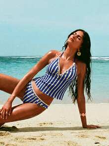 Swim Chiccia Women's Summer Beach Striped Shell Decor Halter Tankini Top And Triangle Bottoms Swimsuit Set - Blue and White - View 7