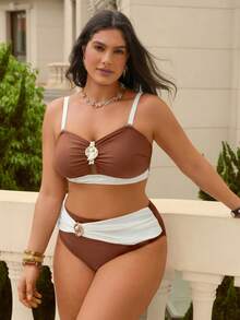 Swim Chiccia 2026 Plus Size Women's Brown & Beige Fashionable Sexy Casual Vacation Bikini Set - Multicolor - View 4